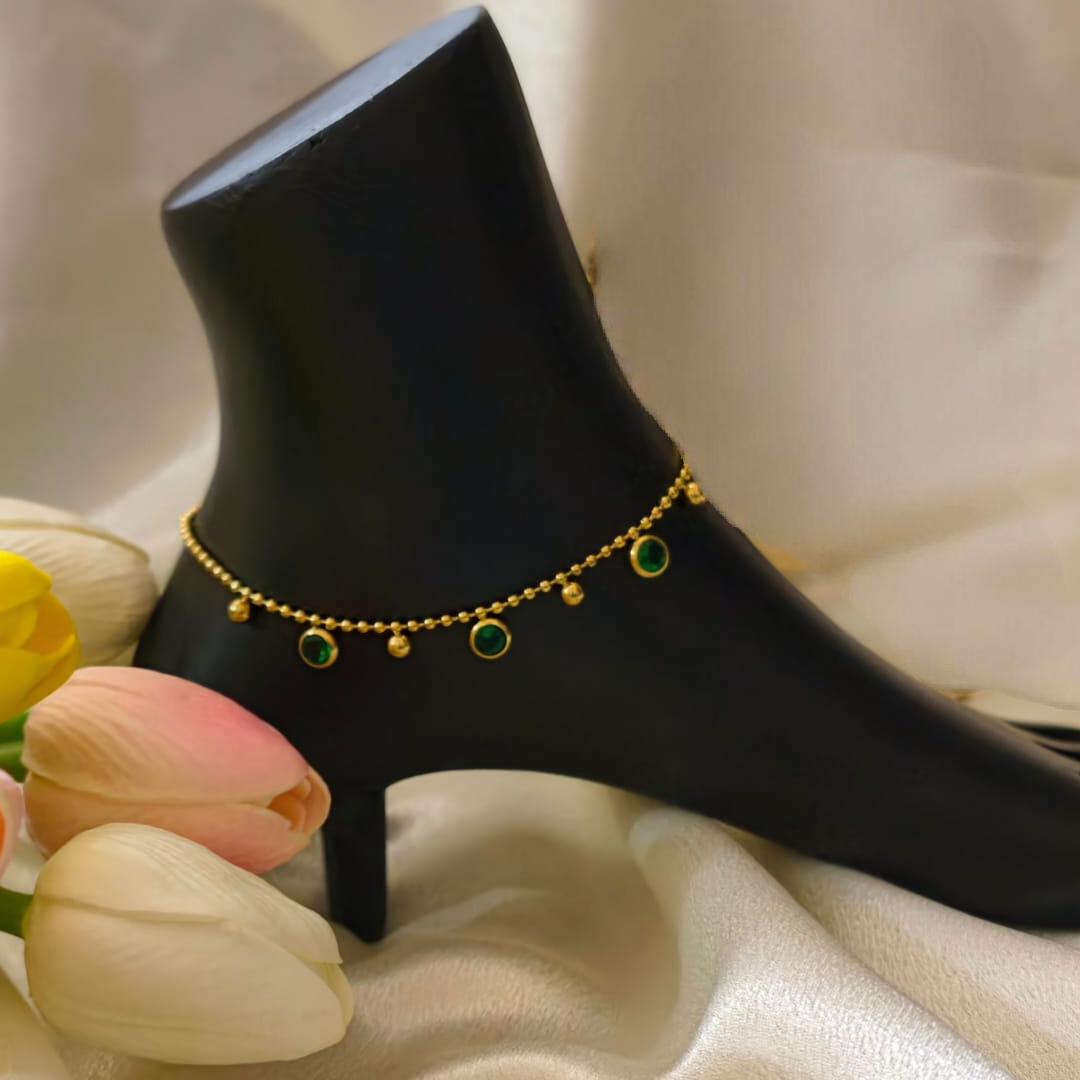 Green Stone Beaded Gold Anklet